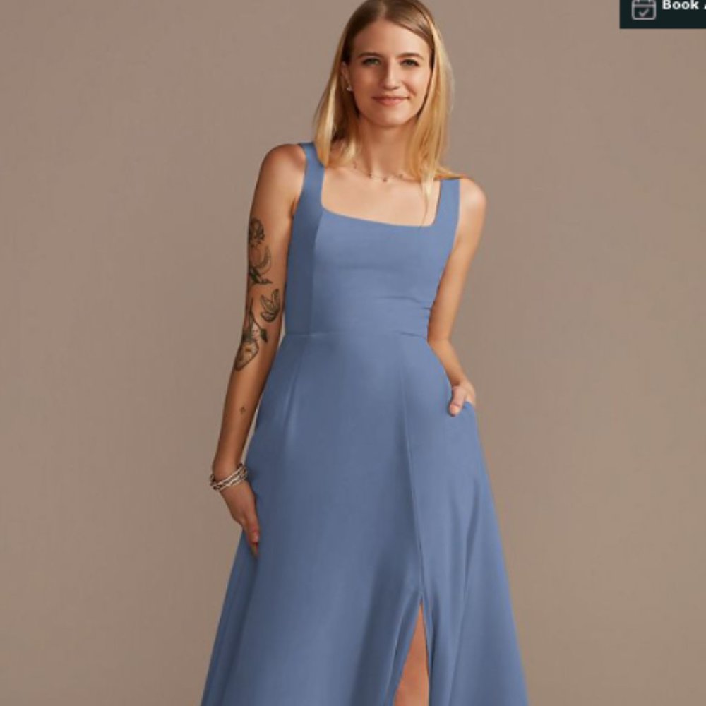 David's Bridal steel blue bridesmaid dress